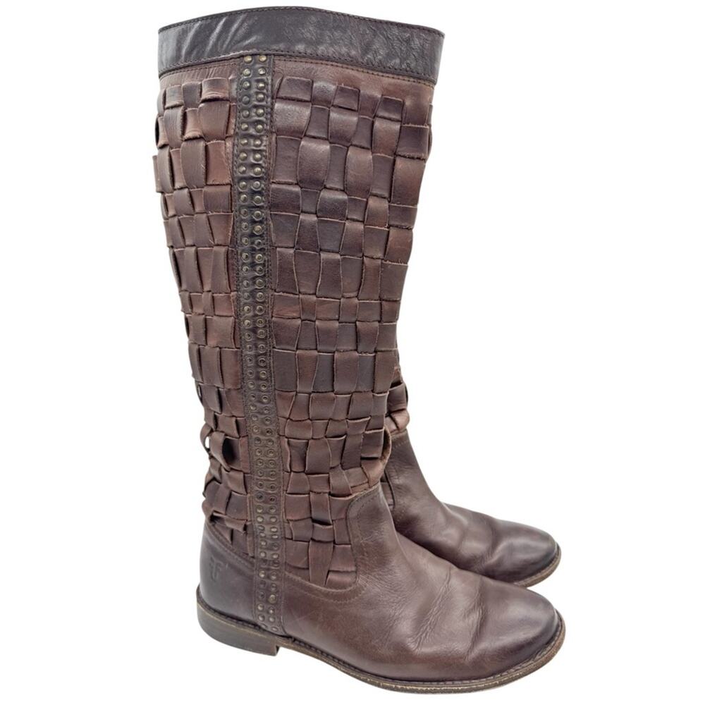 Frye Paige Woven Leather Studded Huarache Tall Riding Boots Brown Size‎ 7 Boho